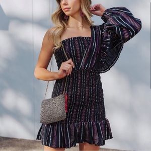 FARM Rio Black and Pink Striped Mini Dress